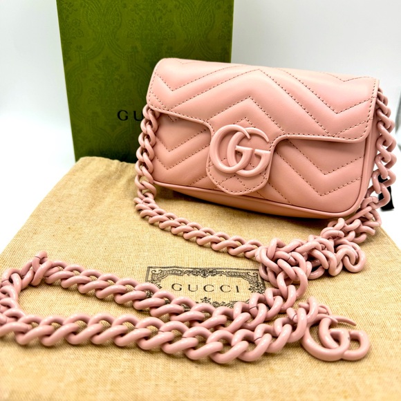 Gucci Calfskin Matelasse Monochrome GG Marmont Chain Belt Bag Perfect Pink - Picture 3 of 16